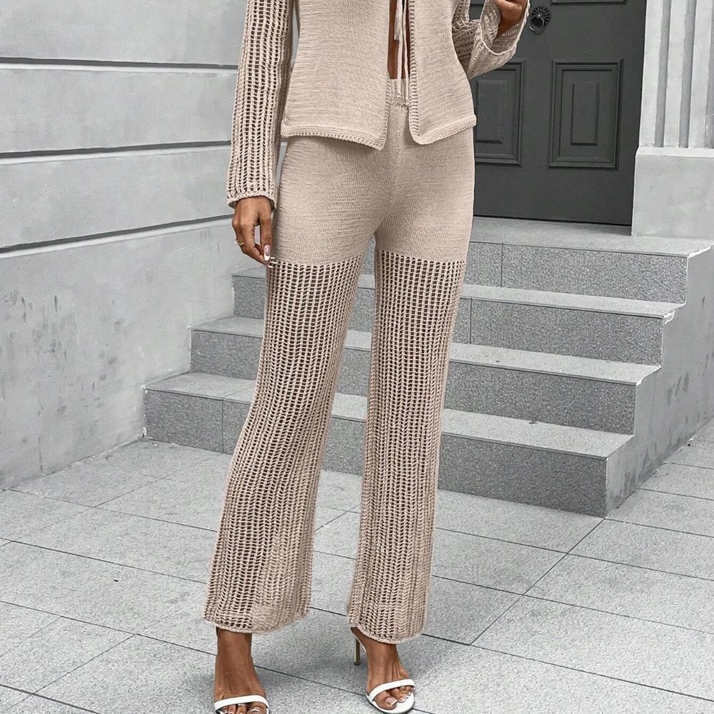Casual Tie Front Cardigan & Knit Pants Apricot - Picture 3 of 5